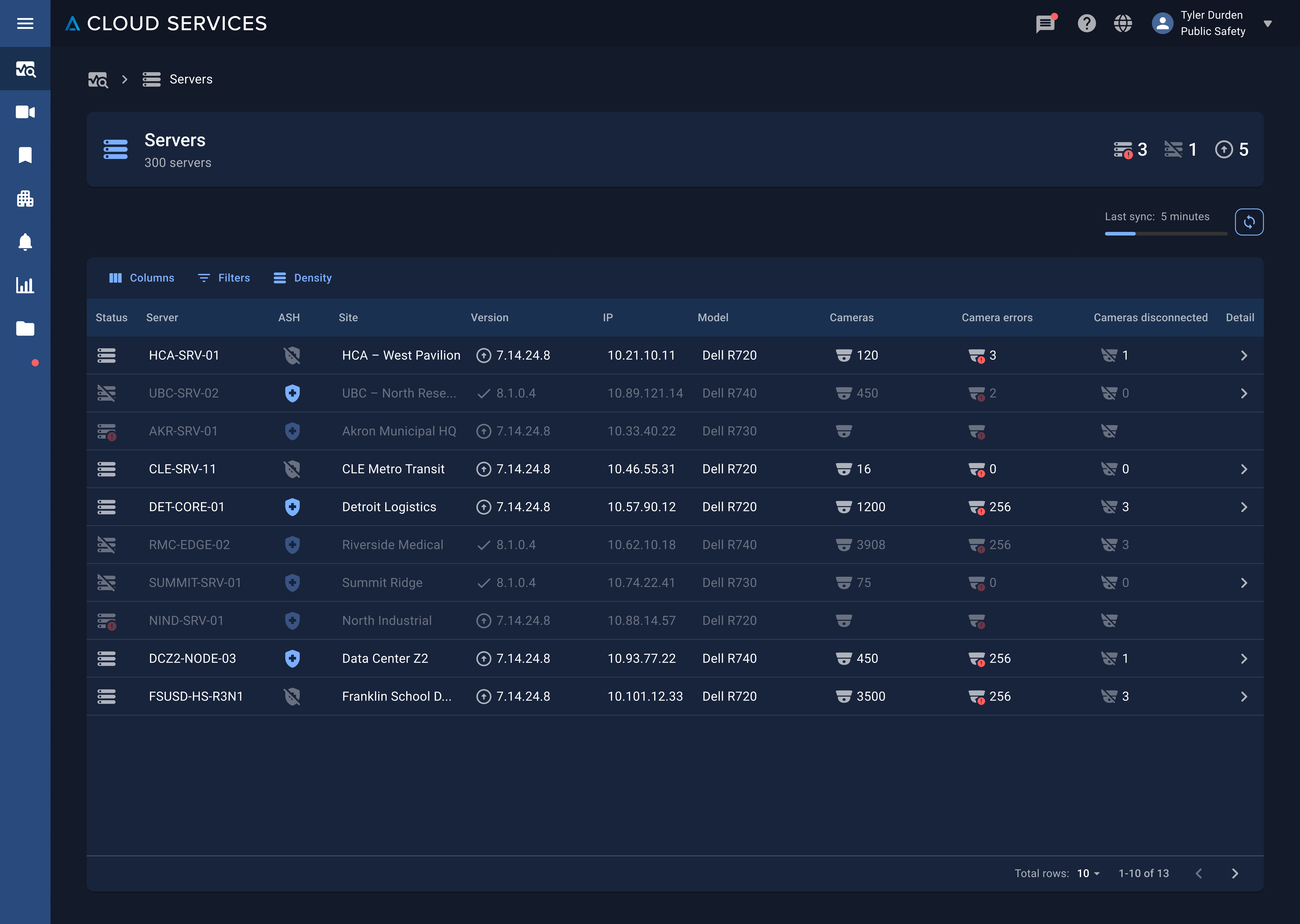 Dashboard server list