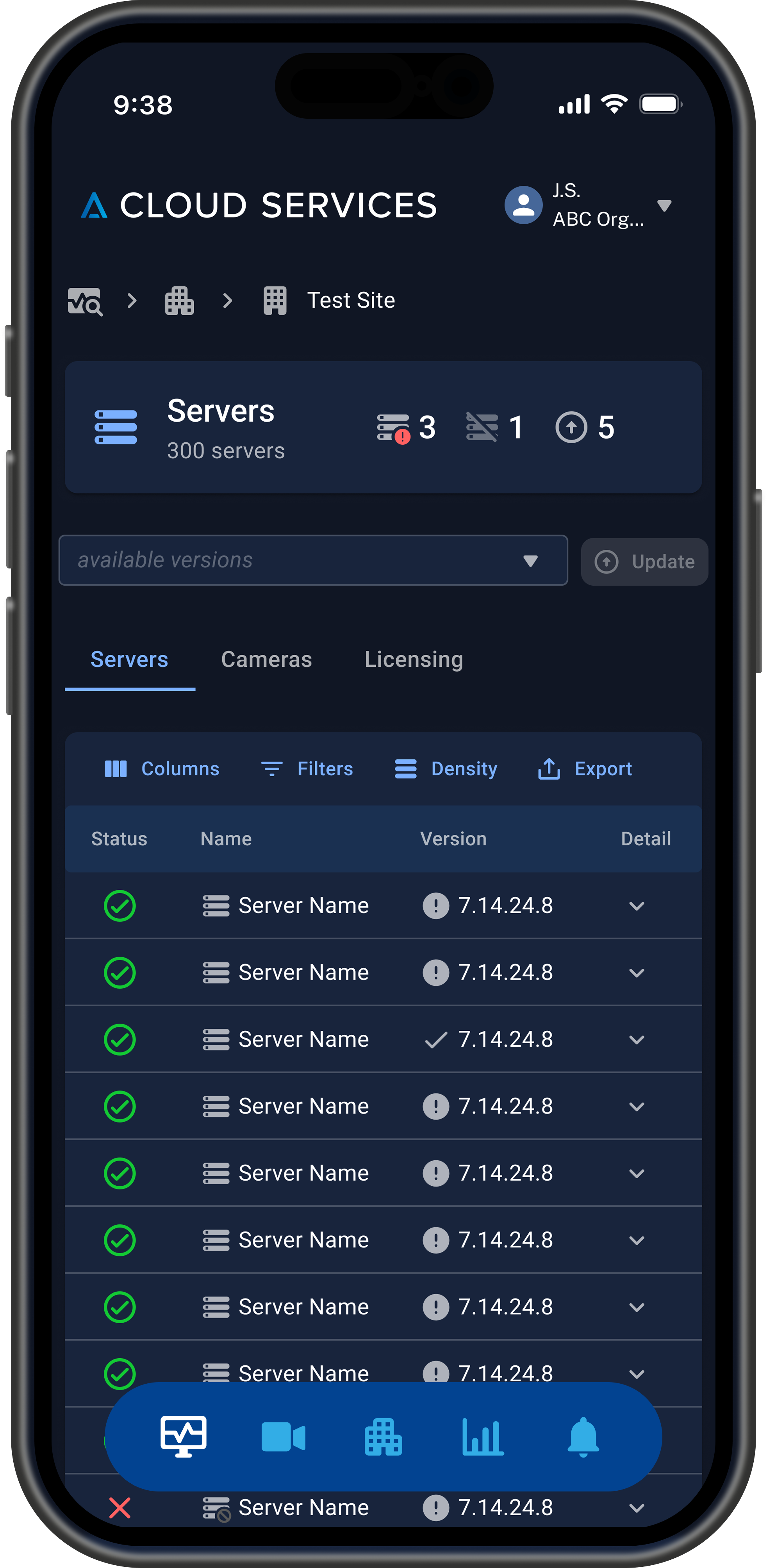 Avigilon Cloud - Dashboard: Detailed table view
